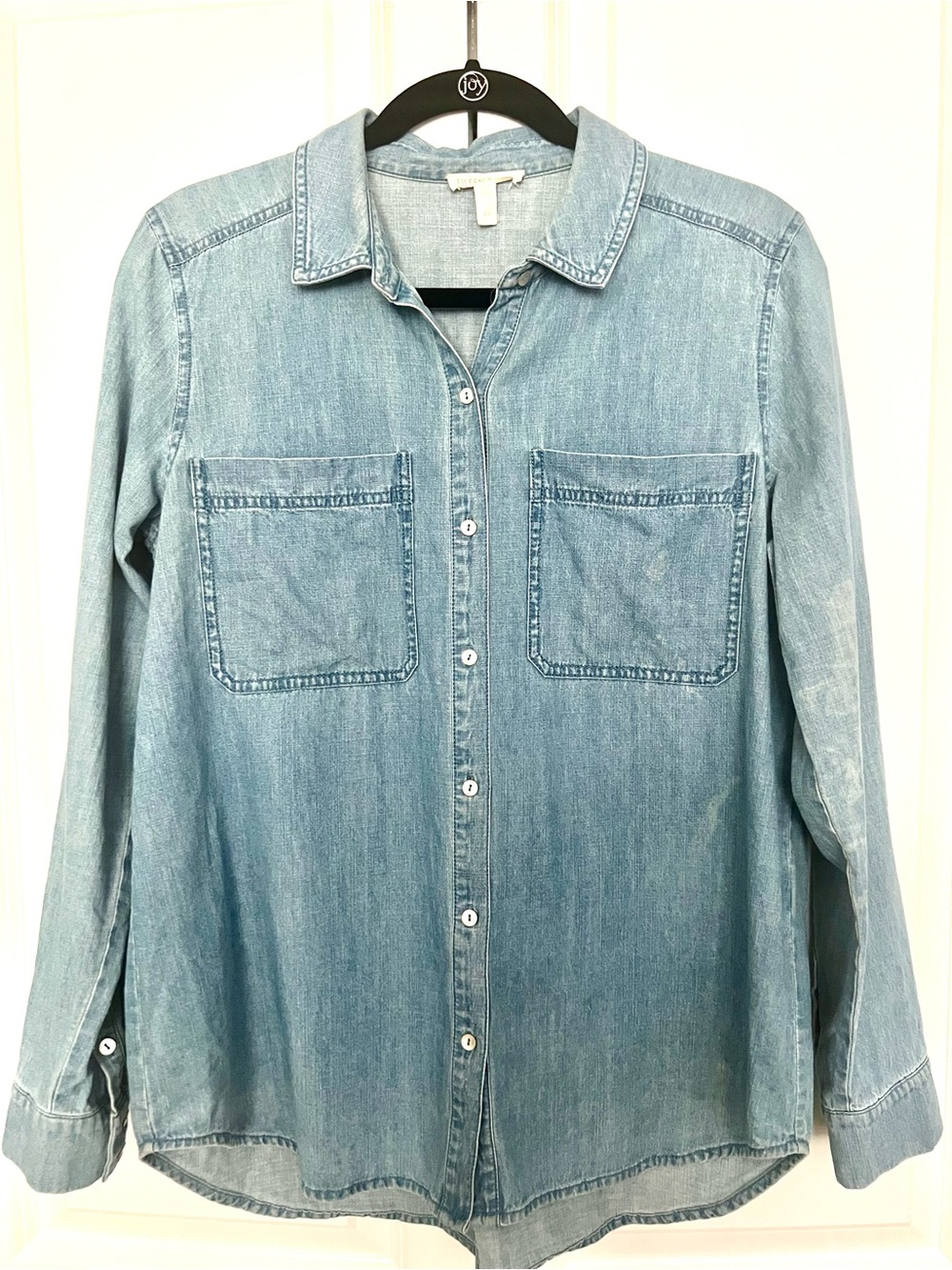Eileen Fisher Light Wash Chambray Button Down Shirt, Size Small - Picture 2 of 12
